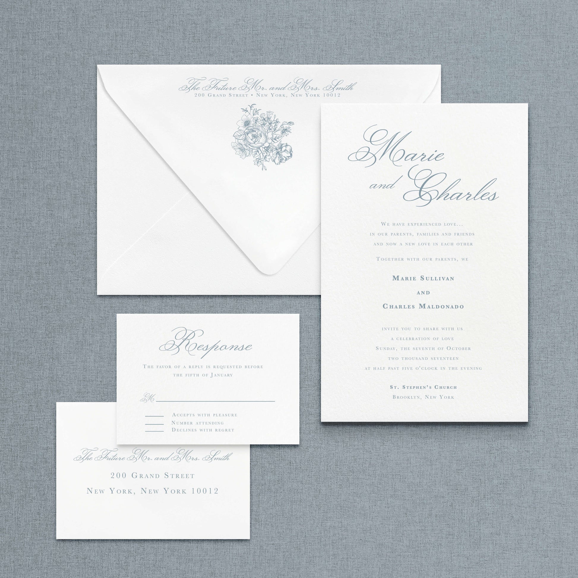 Dusty Blue wedding Invitation Suite including an A9 Invitation Card, A9 envelope, RSVP card, and RSVP envelope