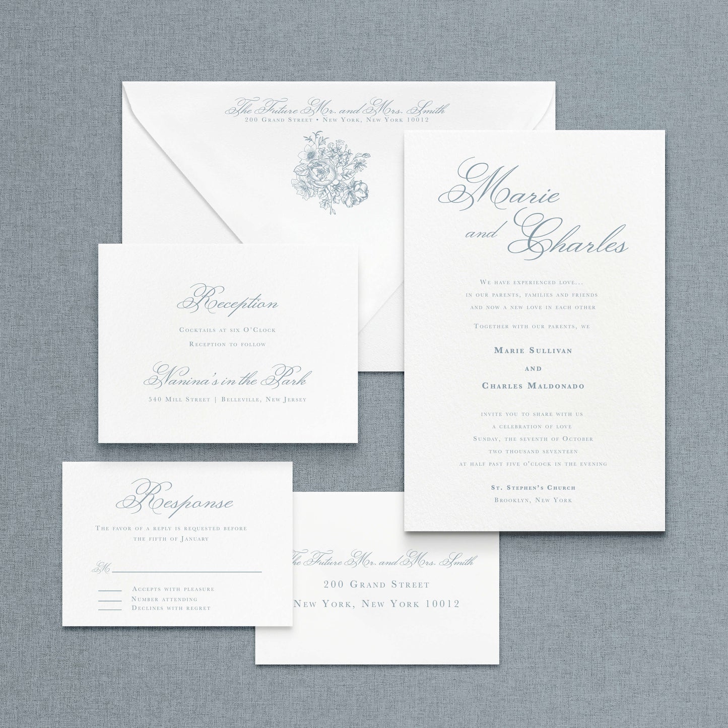 Dusty Blue wedding Invitation Suite including an A9 Invitation Card, A9 envelope, RSVP card, RSVP envelope, and Reception detail card