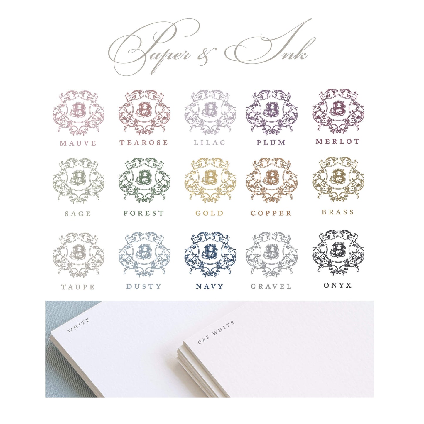 Bellezza Invitations offers 15 ink colors for flat printed wedding invitations and 2 foil colors (gold and silver). Our paper colors shown are white and off-white.